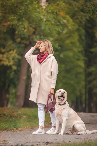 En kvinna går med sin labrador i höst. — Stockfoto