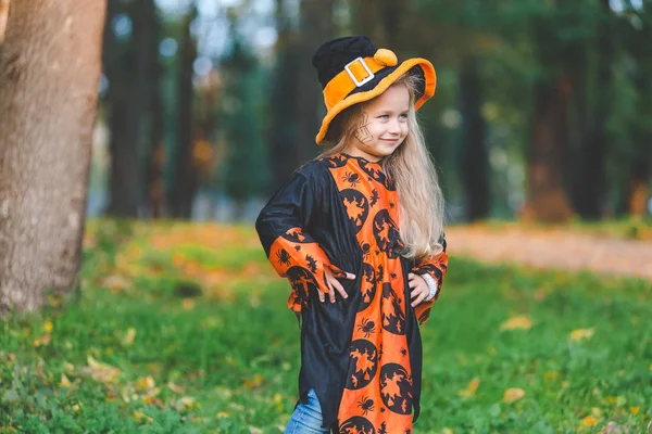 little girl in witch costume stands in the park in the fall on Halloween holiday.