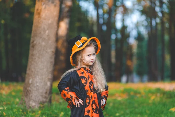 Malá Holčička Kostýmu Čarodějnice Stojí Parku Podzim Svátek Halloween — Stock fotografie