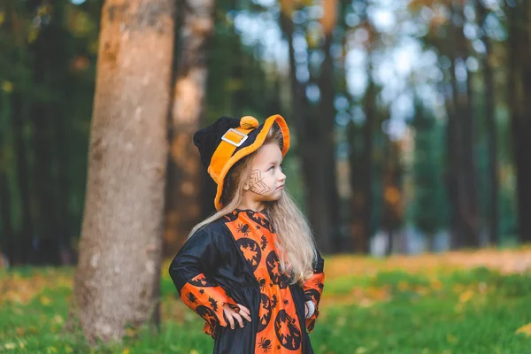 Malá Holčička Kostýmu Čarodějnice Stojí Parku Podzim Svátek Halloween — Stock fotografie