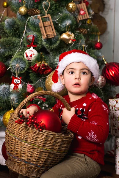 Little Boy Santa Hat Decorating Christmas Tree Red Toys Preparing — Stock Photo, Image
