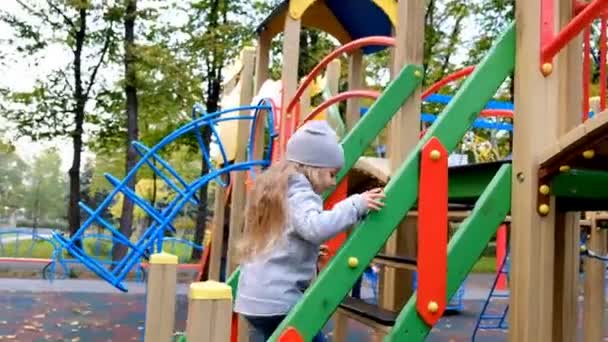 Une petite fille joue sur l'aire de jeux et monte un toboggan à l'automne dans le parc . — Video