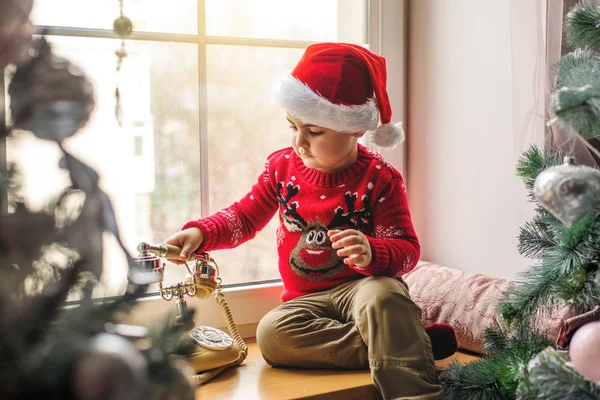 Kid Cap Santa Claus Sitting Window Calls Santa — Stock Photo, Image