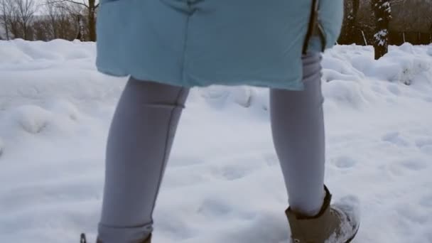 Молодая женщина, гуляющая по снегу в парке зимой — стоковое видео