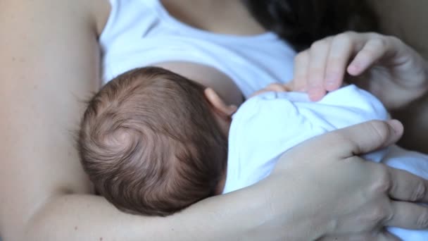 Una mujer amamanta a su bebé recién nacido . — Vídeos de Stock