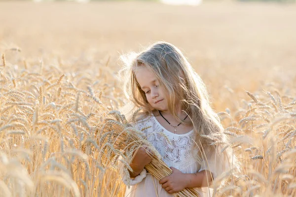 Malá blondýnka stojí v létě na pšeničném poli s hřeby v rukou a usmívá se. — Stock fotografie