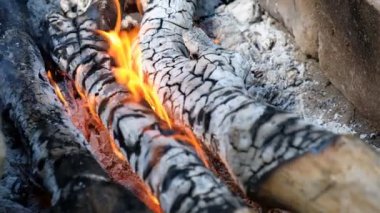 Yanan şenlik ateşi yakın çekim. Yanan dallardan alevler yakın çekim. Yavaşlama.