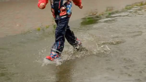 Niño Corre Través Charco Botas Goma Verano Una Infancia Feliz — Vídeo de stock