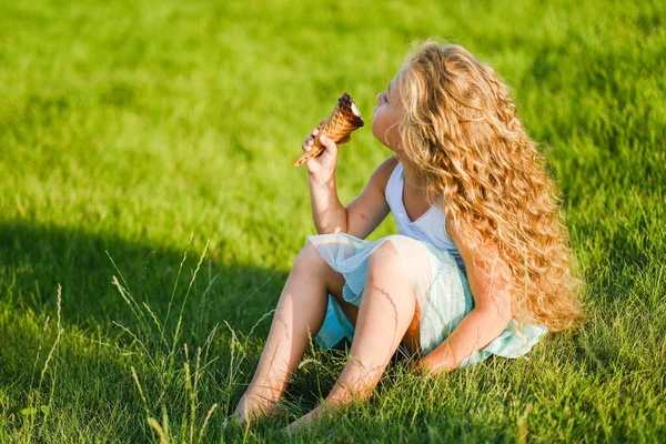 一头长发的金发小女孩在夏天的公园里吃冰淇淋很开心 一个女孩在夏天的公园里散步 吃冰淇淋 快乐的童年和快乐的夏天 — 图库照片