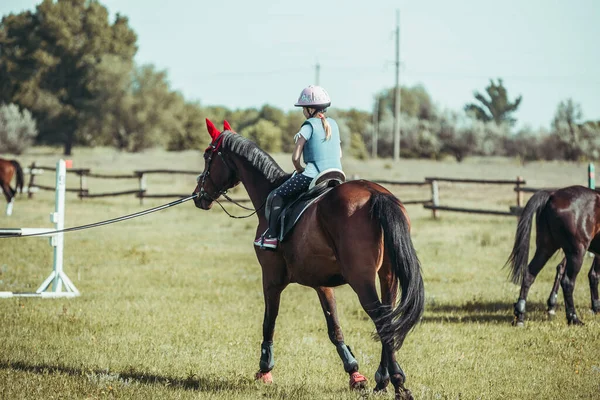 Een klein meisje leert paardrijden.. — Stockfoto