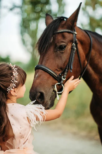 Küçük bir kız en sevdiği atın kafasını okşar. Yazın bir atla bir çocuğun iletişim kurması.