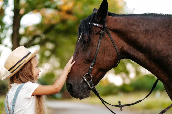 Freundschaft Eines Kindes Mit Einem Pferd Ein Kleines Mädchen Streichelt — Stockfoto