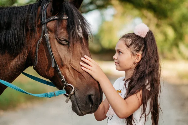 Vriendschap van een kind met een paard. Een klein meisje streelt liefdevol haar paard. Wandelende meisjes met een paard in het park in de herfst. — Stockfoto