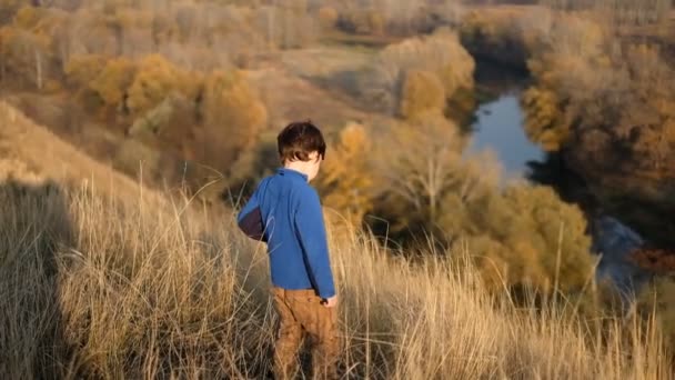 Boy Autumn Trip Mountains Weekend Trip National Park His Son — Stock Video