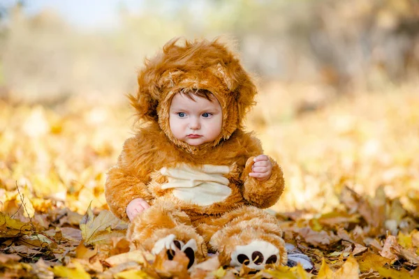 Dítě Kostýmu Lva Hraje Žlutém Podzimním Listí Parku Veselé Šťastné — Stock fotografie