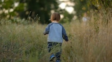 Bebekle sonbahar seyahati. Küçük bir çocuk sonbaharda bir çayırda yürür gider..