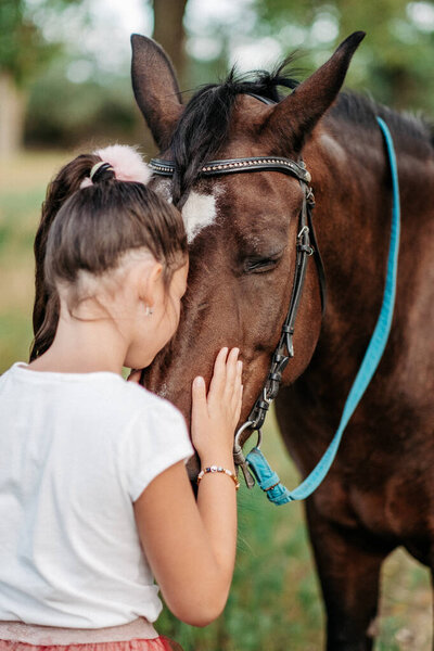 Дружба ребенка с лошадью. Маленькая девочка ласково гладит свою лошадь. Прогулочные девушки с лошадью в парке осенью.