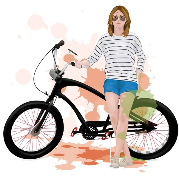 自転車の女の子 ストライプの シャツ ショート パンツの女の子の女の子 眼鏡の女の子 ベクトル図 — ストックベクタ