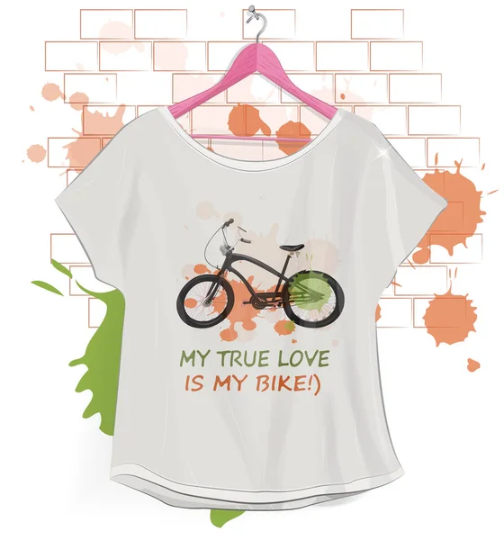 印有自行车形象的 挂在维罗索维衣架上的 T恤女式 向量例证 — 图库矢量图片