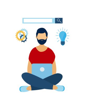 Lotus pozisyonunda sakallı bir adam netbook arkasında oturur ve çalışır. Genç bir programcı düz modern illüstrasyon. Vektör grafikleri