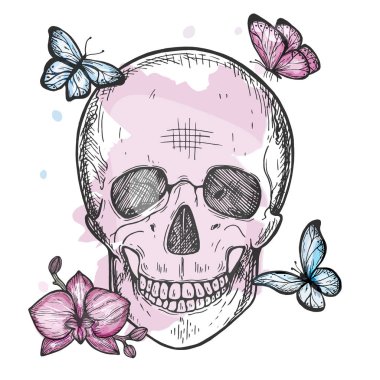 Orkide çiçeği ve kafatası. Bir kelebek kafatasının üzerine oturur. Vektör grafikleri. Robot resim. el çizimi