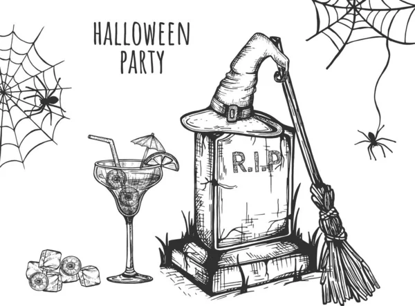 Хэллоуинская Вечеринка Коктейль Глазами Колпак Надгробии Брум Векторная Графика Ручной — стоковый вектор