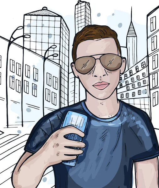 Adam selfie çekiyor. Adam selfie çekiyor. Arka planda büyük bir şehir var. Vektör grafikleri. Çizim