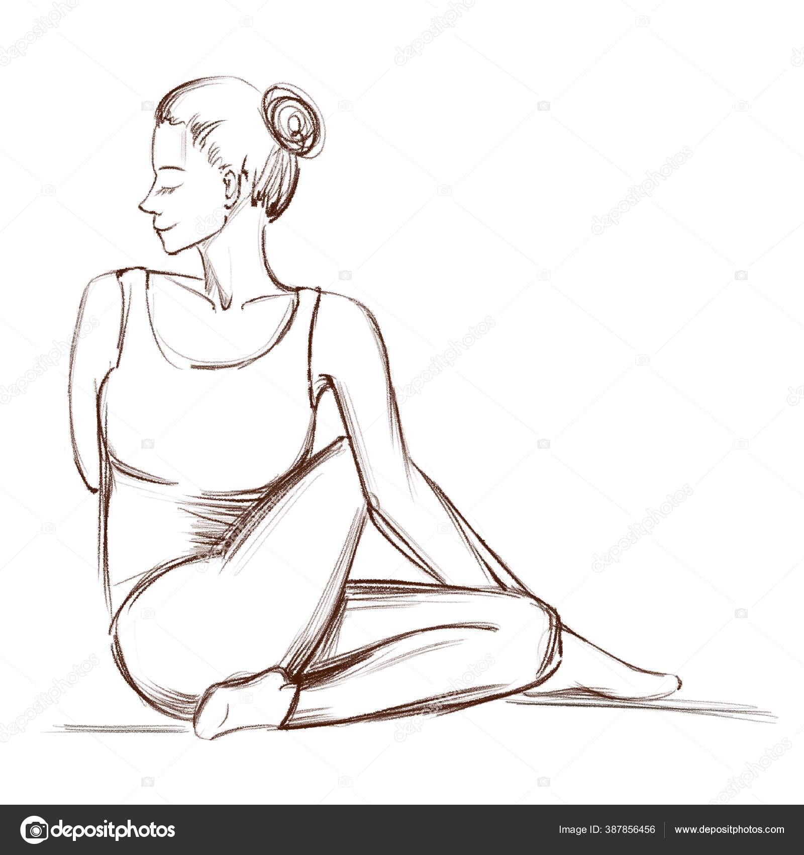 Yoga. Postura de torção para as costas. Desenho de contorno de uma menina  que entra para esportes . Ilustração de ©Julia_illustrator #387856456, image size:1600x1700