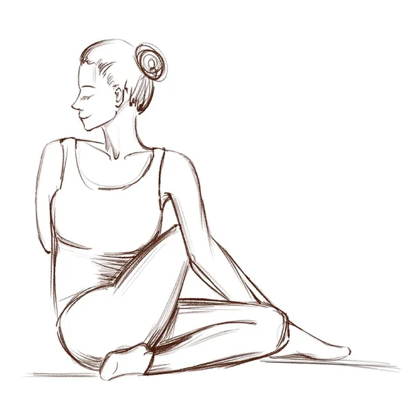 Yoga. Postura de torção para as costas. Desenho de contorno de uma menina que entra para esportes . — Fotografia de Stock