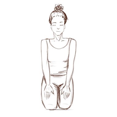Yoga. Dizlerinin üstüne çök, eller kalçanın üstüne. Spor için içeri giren bir kızın çizimi..