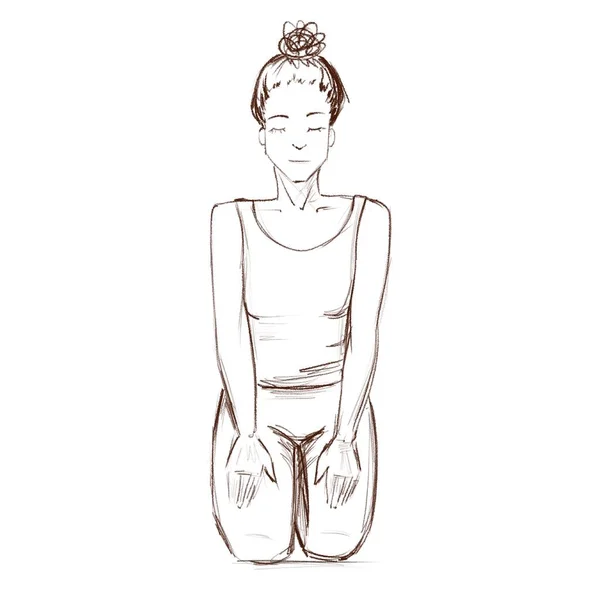 Yoga. Læg dig på knæ, hænderne på hofterne. Kontur tegning af en pige, der går ind for sport. - Stock-foto