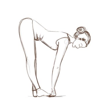 Yoga. Kız Uttanasana pozunda duruyor. Spor için içeri giren bir kızın çizimi..