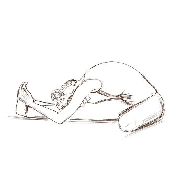 Yoga. One leg is straight, the other is bent at the knee, the back tends to a straight leg. Contour drawing of a girl who goes in for sports. — Stock Photo, Image