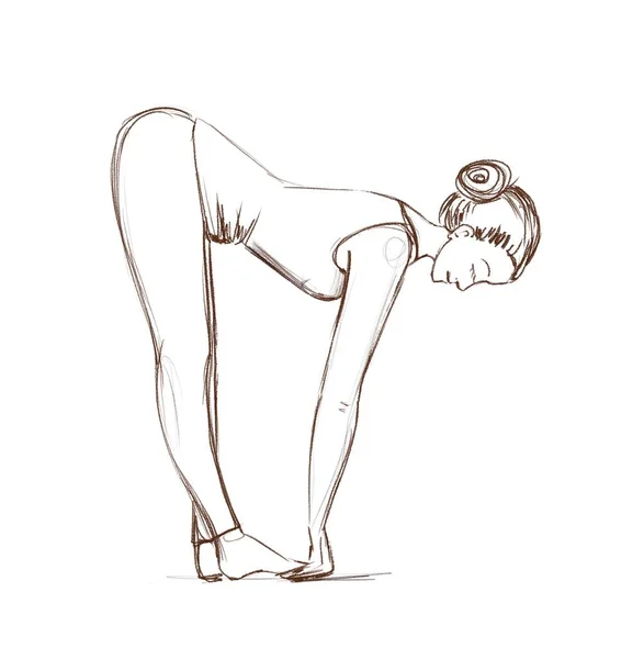 Yoga. A menina fica na pose de Uttanasana. Desenho de contorno de uma menina que entra para esportes . — Fotografia de Stock