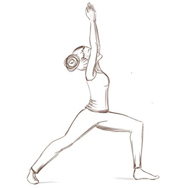 Yoga. Kız bir savaşçının pozisyonunda duruyor. Spor için içeri giren bir kızın çizimi..