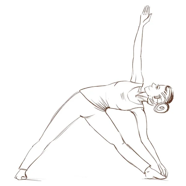 Yoga. La chica se para en la pose utthita trikonasana. Dibujo de contorno de una chica que va a practicar deportes . — Foto de Stock