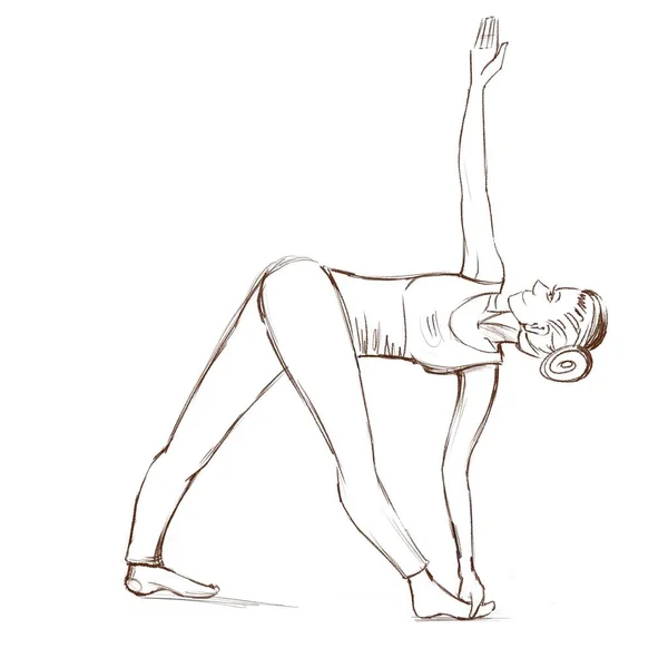 Yoga. Das Mädchen steht in der parivritta trikonasana Pose. Konturzeichnung eines Mädchens, das Sport treibt. — Stockfoto