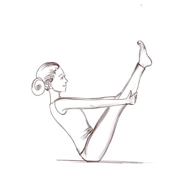 Yoga. Kız Navasana pozunda oturuyor. Spor için içeri giren bir kızın çizimi..