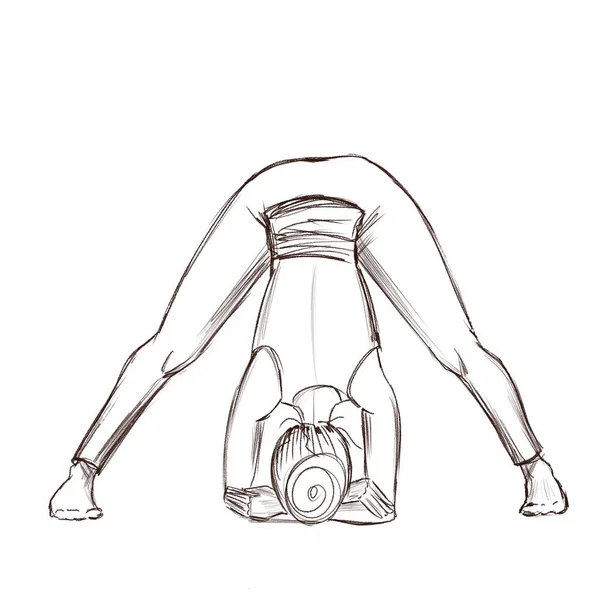 Yoga. Uma menina está em uma pose de prasarita padottanasana pose. Desenho de contorno de uma menina que entra para esportes . — Fotografia de Stock