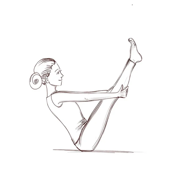 Yoga. A menina está sentada na pose de Navasana. Desenho de contorno de uma menina que entra para esportes . — Fotografia de Stock