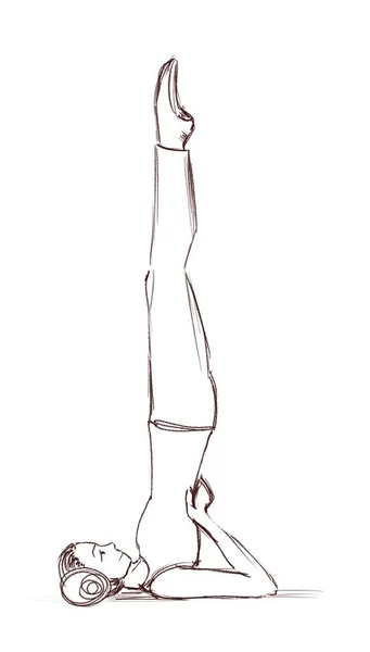 Yoga. The girl stands in the pose of a birch. Contour drawing of a girl who goes in for sports. — Stock Photo, Image