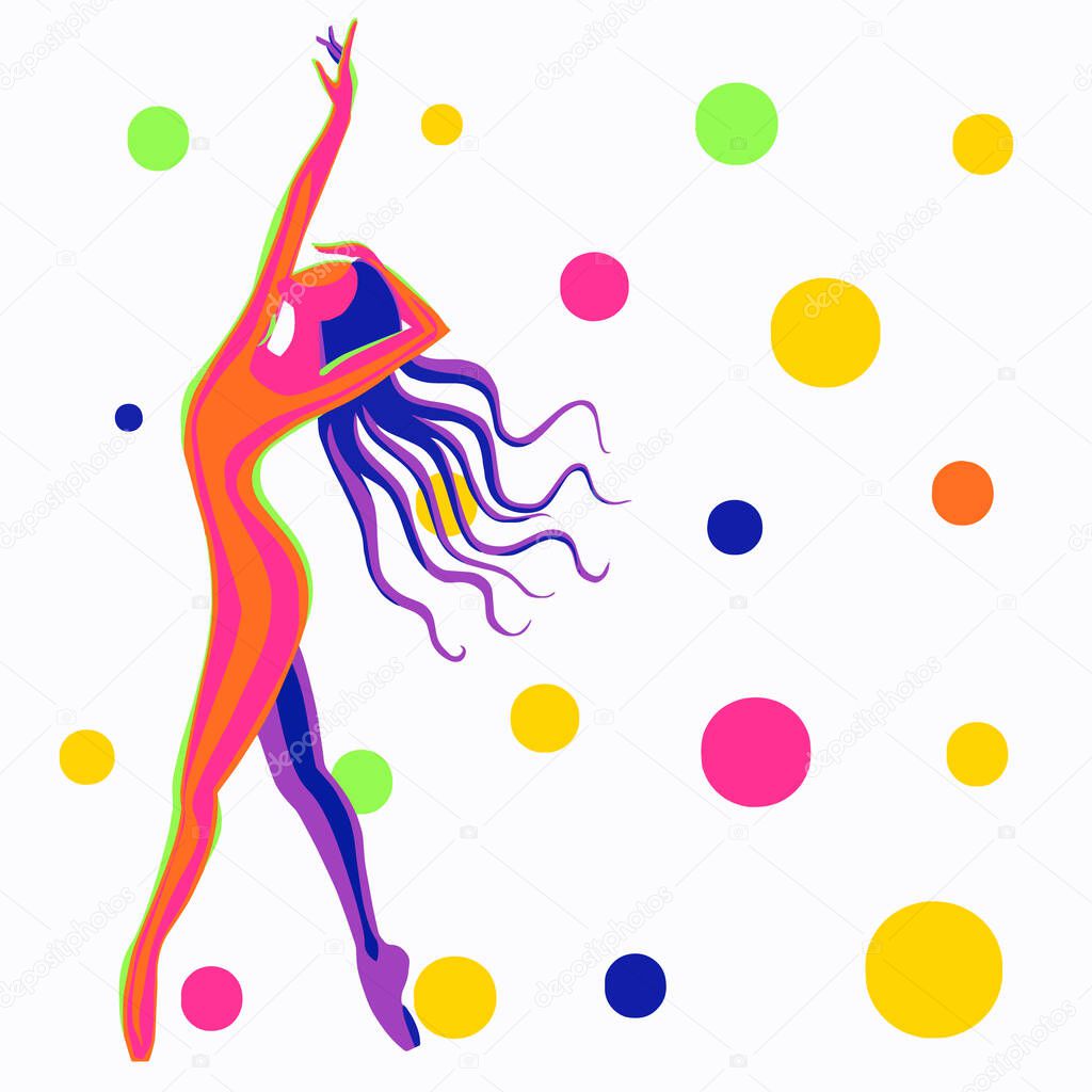 Multi-colored abstract with a dancing girl with balloons. Vector illustration on a white background.