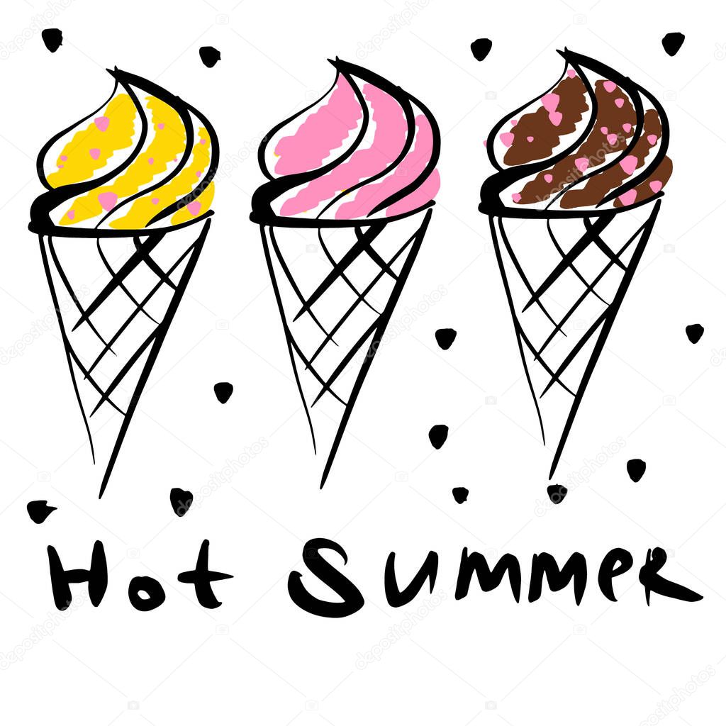 Three Melting ice creams in a waffle cone. Inscription hot summer. Vector illustration on a white isolated background.