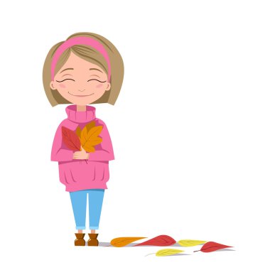 Gülümseyen bir kız elinde sonbahar yaprakları tutar. Pembe kazaklı sarışın bir kız. Mevsimin sonbahar kutlamaları. İzole edilmiş beyaz bir arkaplanda vektör çizimi. Resim yükle