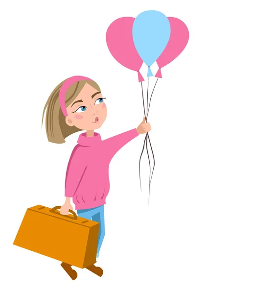 Blondynka lata z walizką i balonami. Ilustracja wektora na białym tle. Obraz zapasów — Wektor stockowy