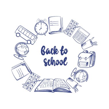 Okul şeylerinin daire içindeki vektör çizimi. Merkezdeki okula geri dönmek. Pankart, poster, kapak. Beyaz izole edilmiş bir arkaplanda resim depola.