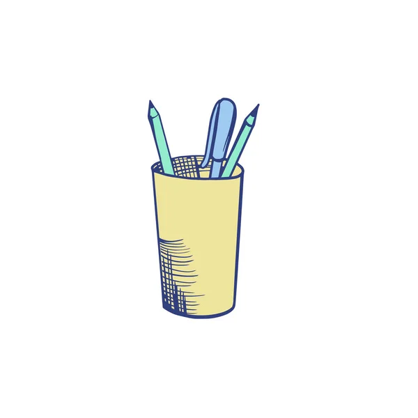 Illustrazione a colori di una tazza con matite. Illustrazione vettoriale su uno sfondo bianco isolato. Per un logo, per le icone nei social network. — Vettoriale Stock