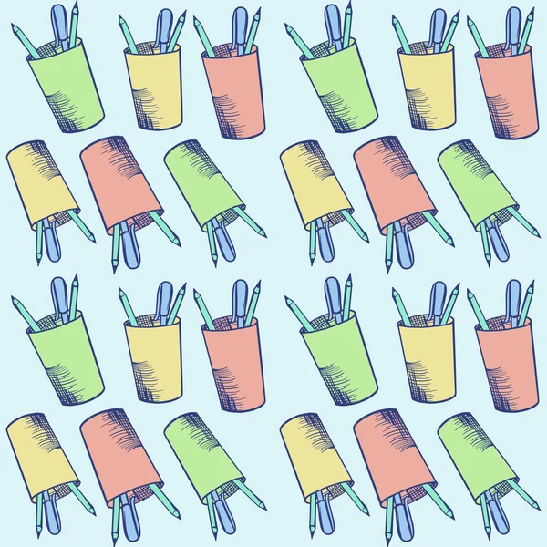 Modèle de tasses multicolores avec crayons. Illustration vectorielle de stock sur fond bleu isolé. Pour tissu, couverture, fond. — Image vectorielle
