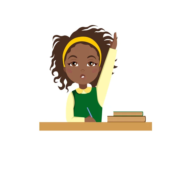 Een schoolmeisje zit aan een bureau. Een meisje met een donkere huid beantwoordt de vraag. Vector illustratie op een witte geïsoleerde achtergrond. Voorraadafbeelding. — Stockvector