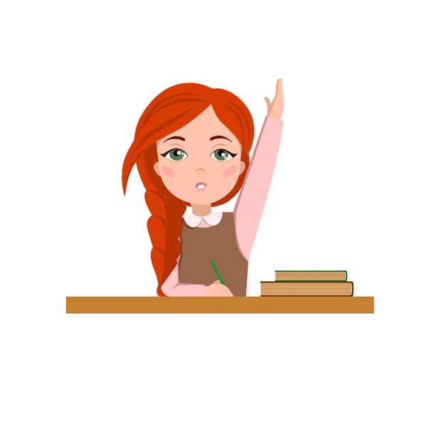 Uczennica siedzi przy biurku. Rudowłosa dziewczyna odpowiada na pytanie. Ilustracja wektora na białym odosobnionym tle. Obraz zapasów. — Wektor stockowy